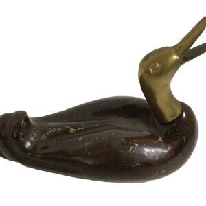 Vintage Enesco Wood Duck with brass head Open Beak Collectible